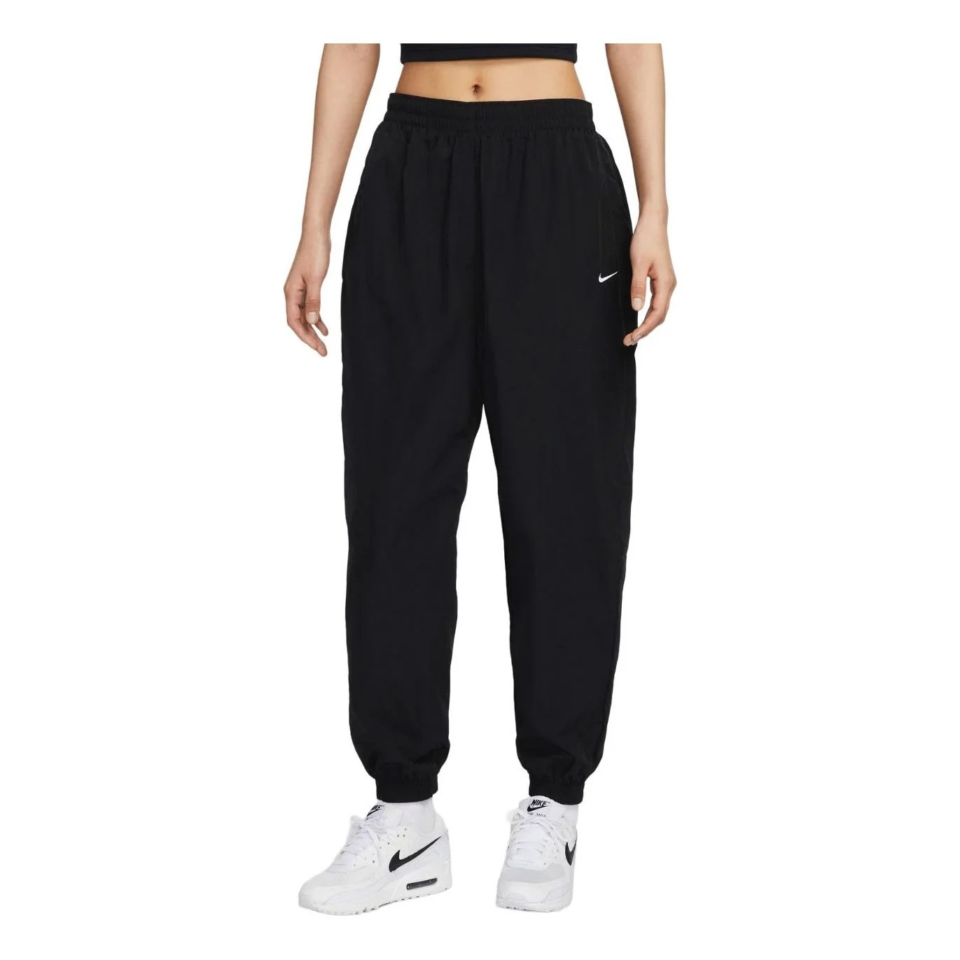 (WMNS) Nike Sportswear Essential Mid-Rise Oversized Woven Joggers Pants Asia Sizing 'Black White' FV7669-010