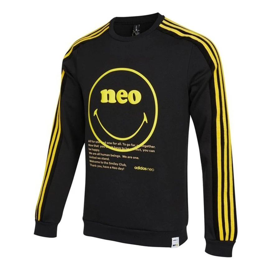 Men's adidas neo Smly Swt Smiling Face Printing Knit Round Neck Pullover Black HB7408