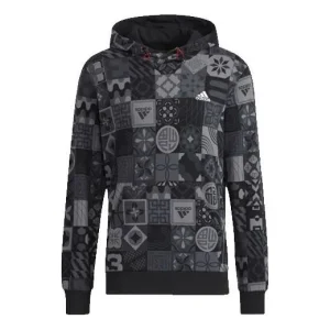 Men's adidas Cny Aop Hood Pattern Full Print Sports Black HC0271