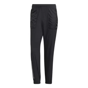 Men's adidas neo SS22 CE BRNDED WTP Logo Printing Lacing Elastic Waistband Sports Pants/Trousers/Joggers Black HC9704