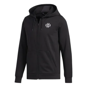 Men's adidas Logo Printing Sports Basketball Hooded Zipper Jacket Black DX6795