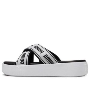 (WMNS) PUMA Platform Slide Tape Slippers For Black/White 380677-01