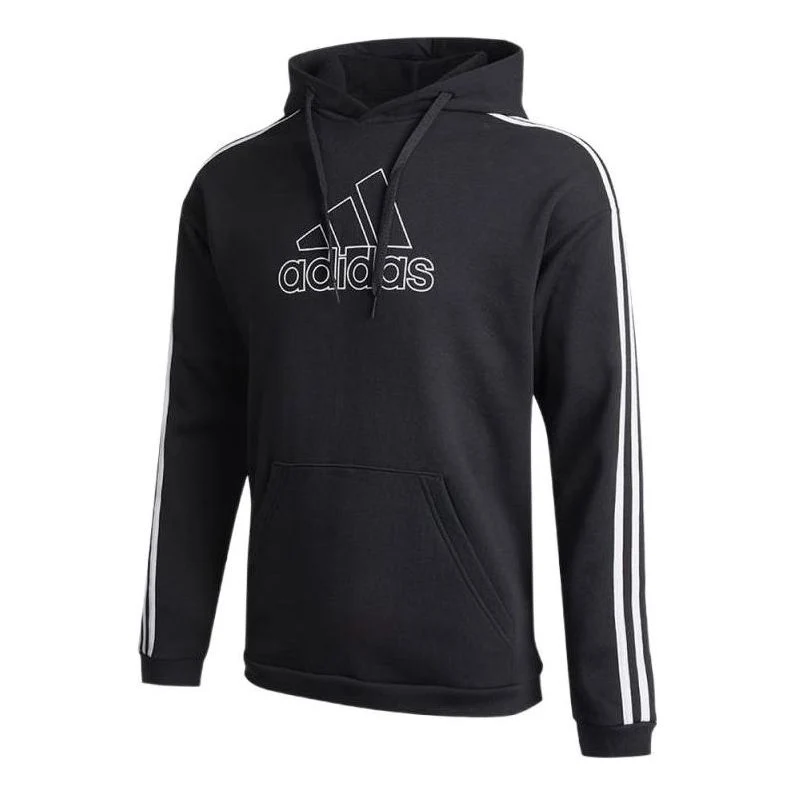 Men's adidas Solid Color Logo Printing Drawstring Hooded Long Sleeves Black GV5181