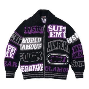 Supreme x HYSTERIC GLAMOUR Logos Zip Up Sweater 'Black Purple White' SUP-SS21-536