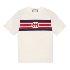 Men's Gucci SS21 Interlock Double G Stripe Printing Short Sleeve Creamy White T-Shirt 616036-XJDAG-9095