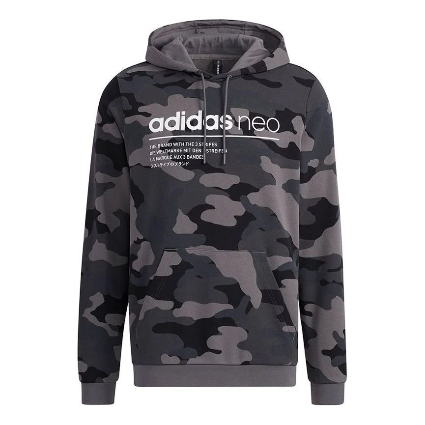 Men's adidas neo Sw Camo Hdy Logo Printing Camouflage Sports Pullover Black HA1490