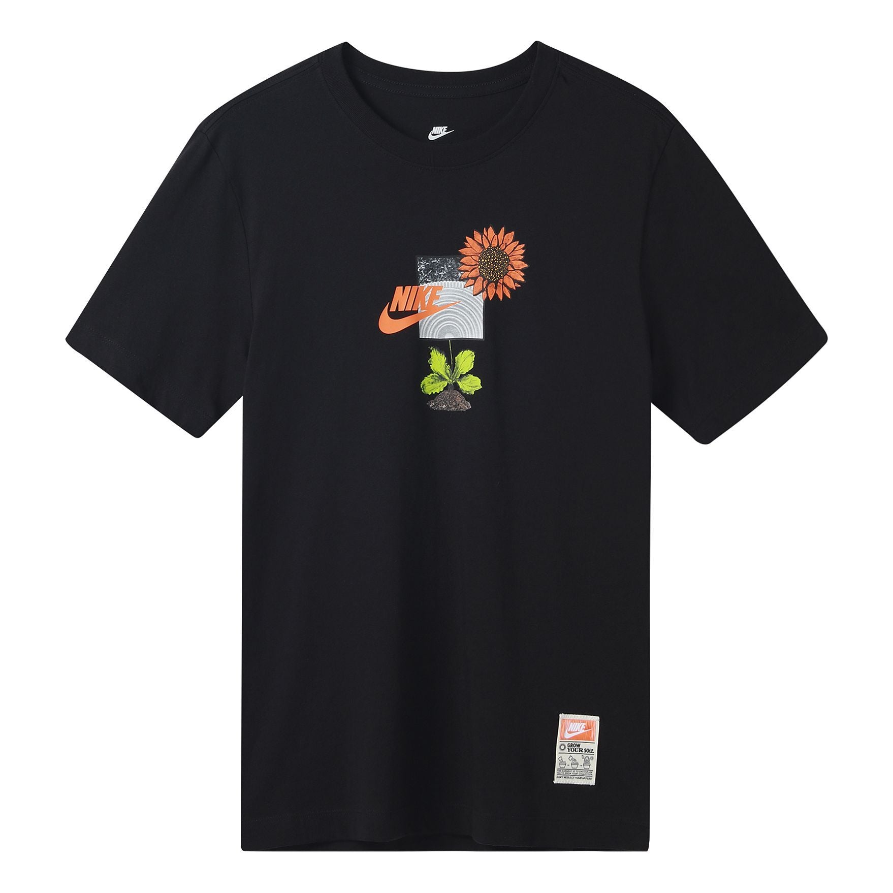 Men's Nike Logo Plant Pattern Printing Round Neck Casual Short Sleeve Black T-Shirt DQ1034-010