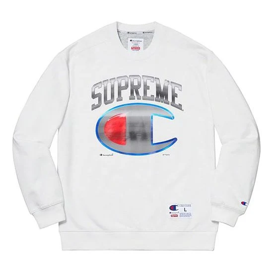 Supreme SS19 x Champion Chrome Crewneck Crossover Chest Large Logo Pattern Printing Unisex White SUP-SS19-10249