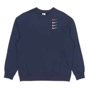 Men's Nike French Terry Swoosh 4 Embroidered Round Neck Sports Pullover Autumn Navy Blue DB9408-451