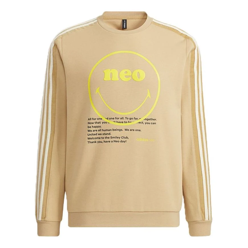 Men's adidas neo x SMILEY Crossover Smly Swt Smiling Face Printing Stripe Sports Round Neck Pullover Khaki H45522