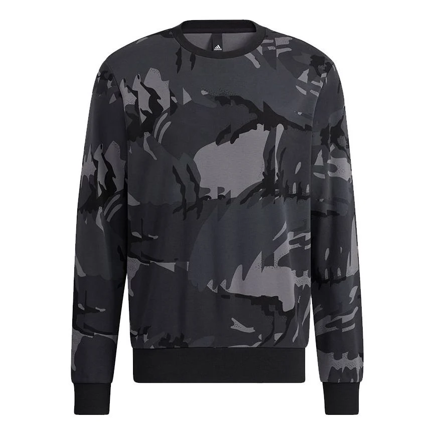 Men's adidas Fi Aop Camo Swt Camouflage Sports Round Neck Pullover Dark Grey H65646