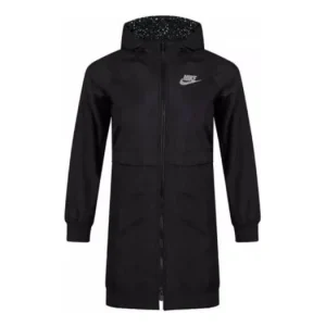 (GS) Nike Logo Printing Fleece Hooded Mid-Length Sports Girls Black Jacket BV3058-010