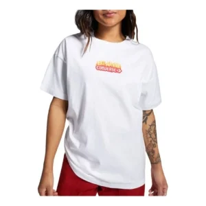 (WMNS) Converse Flaming Logo Oversized T-Shirt Asia Sizing 'White Red' 10026466-A01