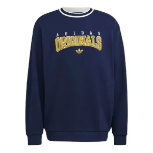 Men's adidas originals SCRIPT CREW Printing Sports Round Neck Navy Blue HF9224