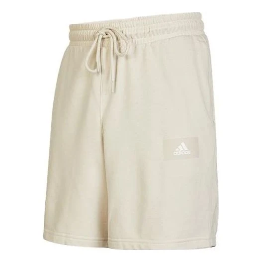 Men's adidas Logo Printing Pattern Lacing Elastic Waistband Straight Shorts Beige HZ7029